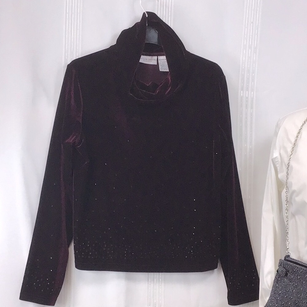 🍇Jaclyn Smith Purple Stretch Velvet Rhinestone Cowl-Neck Top - Picture 9 of 9